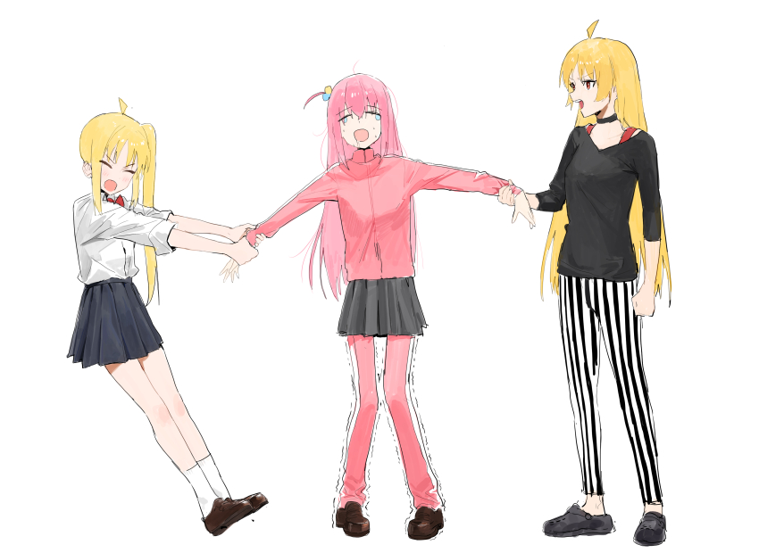 3girls, absurdres, ahoge, black_choker, black_shirt, black_skirt, blonde_hair, blush