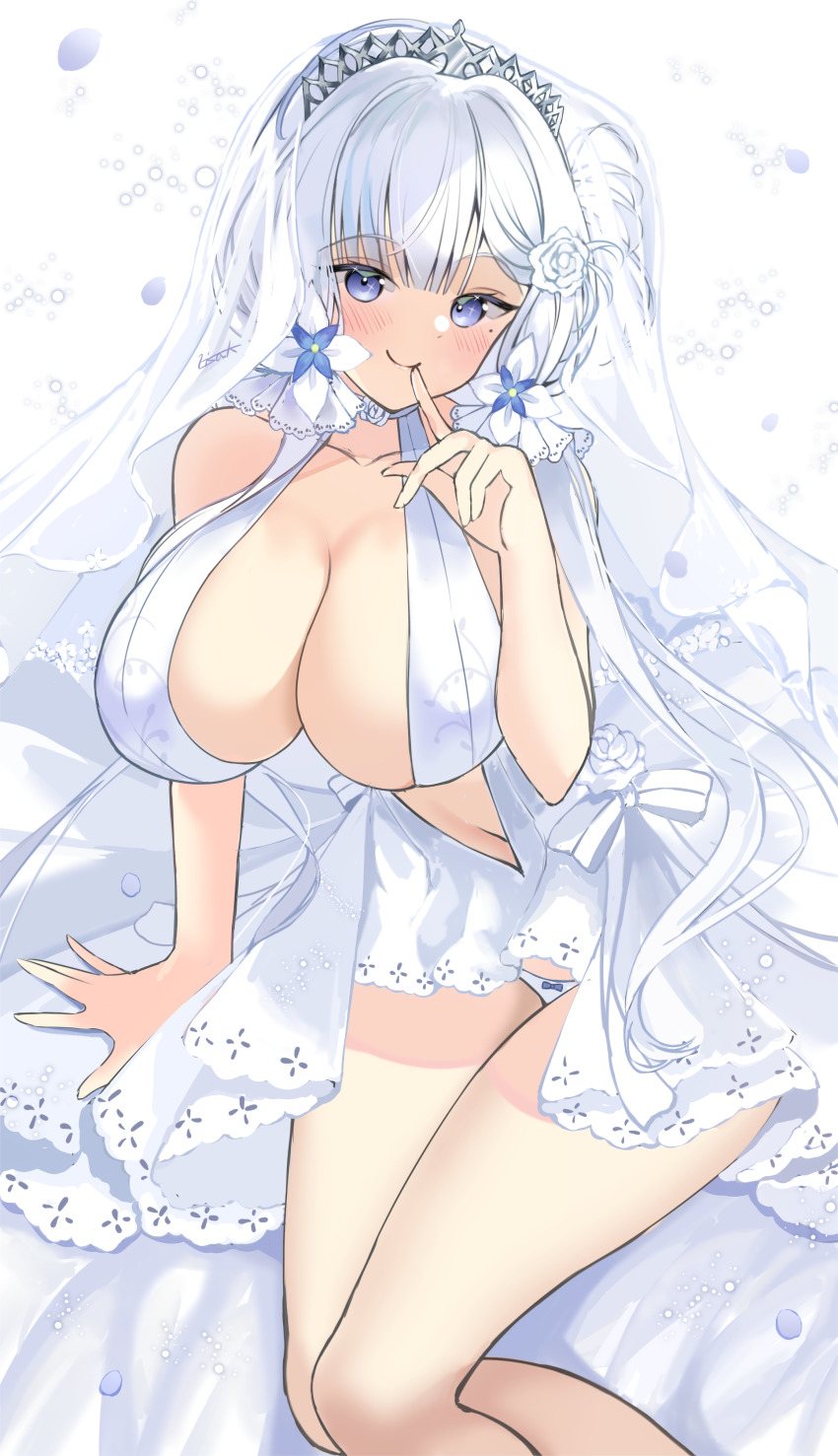 1girl, absurdres, azur_lane, bare_shoulders, breasts, bridal_veil, center_opening, cleavage, collarbone, commentary_request, dress, feet_out_of_frame, finger_to_mouth, flower, hair_flower, hair_ornament, halter_dress, halterneck, highres, huge_breasts, illustrious_(azur_lane), illustrious_(morning_star_of_love_and_hope)_(azur_lane), kisahipi, lace, lace-trimmed_dress, lace_trim, long_hair, looking_at_viewer, mole, mole_under_eye, official_alternate_costume, panties, purple_eyes, revealing_clothes, rose, shirt, simple_background, sleeveless, sleeveless_shirt, smile, solo, tiara, tri_tails, underwear, veil, wedding_dress, white_background, white_dress, white_flower, white_hair, white_panties, white_rose, white_theme