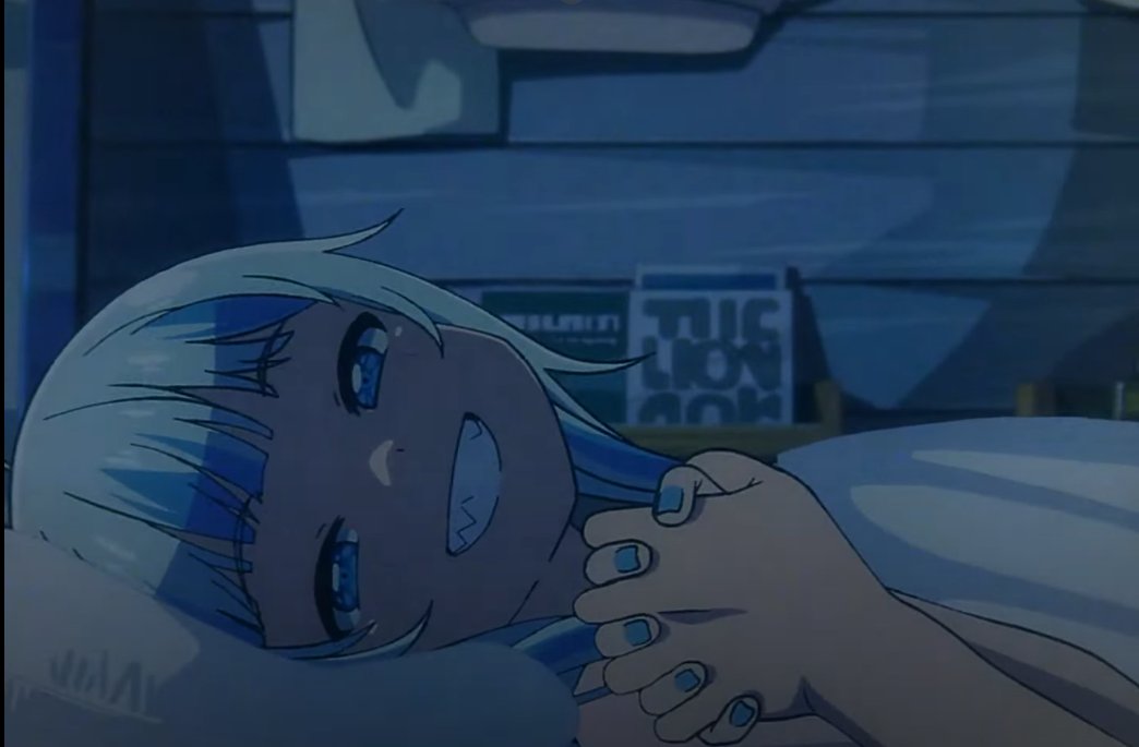 1boy, 1girl, blanket, blue_eyes, blue_hair, blue_nails, dark, gawr_gura, grin, holding_hands, hololive, hololive_english, interlocked_fingers, looking_at_viewer, lying, medium_hair, multicolored_hair, nail_polish, pillow, pov, pov_hands, sharp_teeth, skkazu1, smile, solo_focus, streaked_hair, teeth, two-tone_hair, under_covers, virtual_youtuber, white_hair