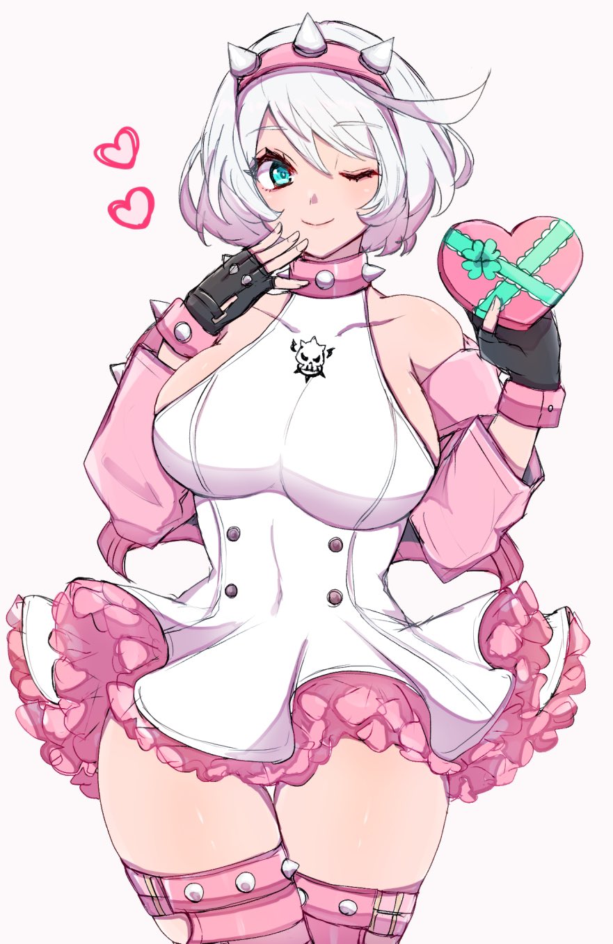 1girl, black_gloves, box, breasts, chemaru_(a8l), closed_mouth, detached_sleeves, dress, elphelt_valentine, fingerless_gloves, gloves, green_eyes, guilty_gear, guilty_gear_strive, heart, heart-shaped_box, highres, large_breasts, long_sleeves, one_eye_closed, simple_background, smile, solo, white_dress, white_hair