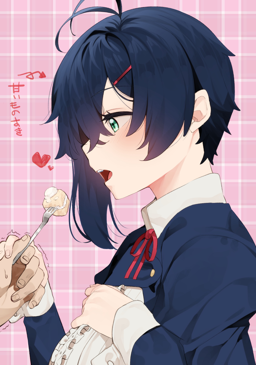 1girl, 1other, antenna_hair, aoi_saki, blue_hair, cake, collared_dress, dress