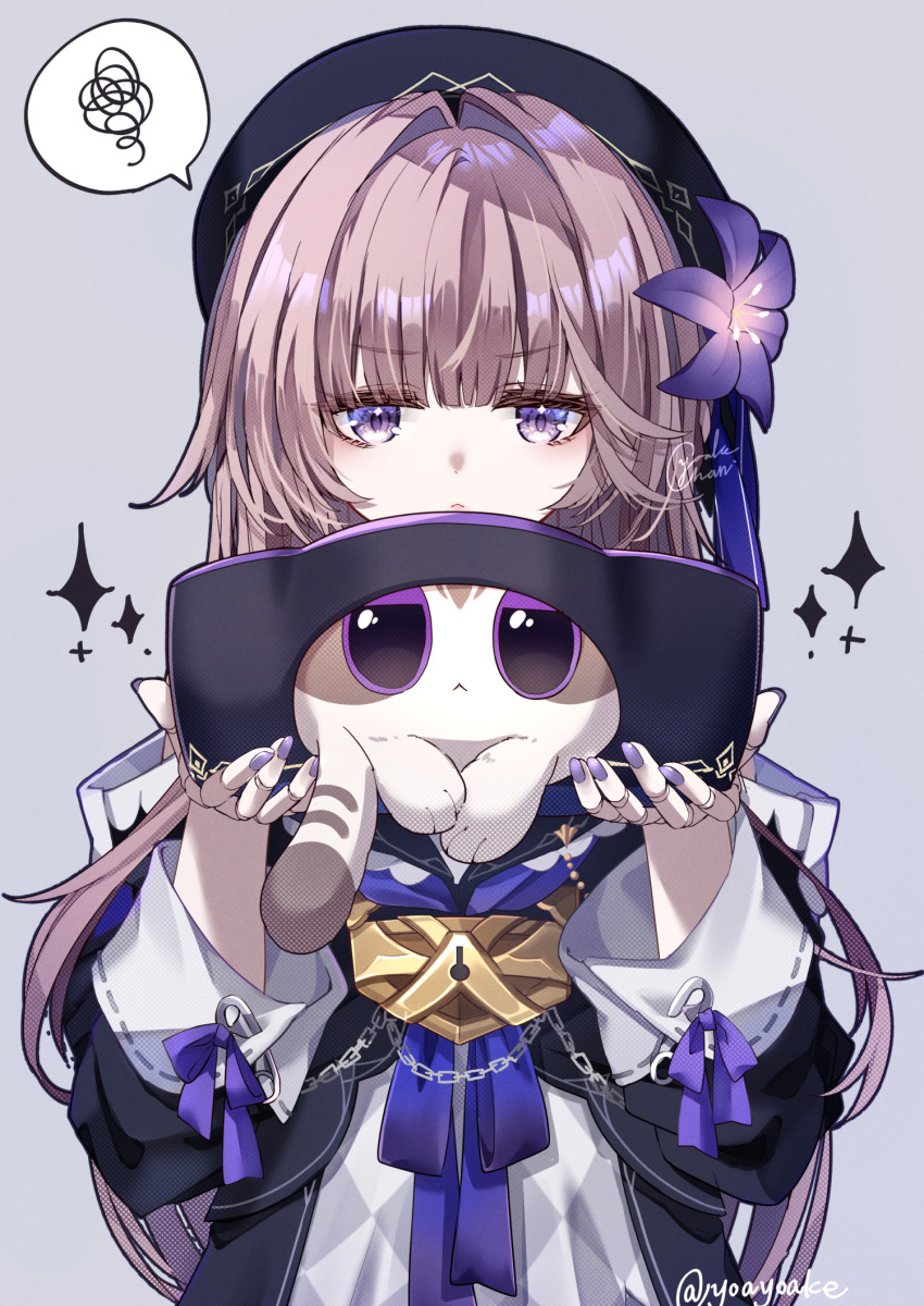 1girl, :<, animal, beret, black_hat, chain, cake_cat_(honkai:_star_rail), dress, fingernails, flower, grey_hair, hair_flower, hair_intakes, hair_ornament, hands_up, hat, herta_(honkai:_star_rail), herta_(puppet)_(honkai:_star_rail), herta_(wisteria_cake)_(honkai:_star_rail), highres, holding, holding_animal, honkai:_star_rail, honkai_(series), lock, long_fingernails, long_hair, nail_polish, padlock, purple_eyes, purple_nails, purple_ribbon, ribbon, sign, solo, sparkle, sparkling_aura, spoken_squiggle, squiggle, twitter_username, upper_body, yoake_(yoakey)