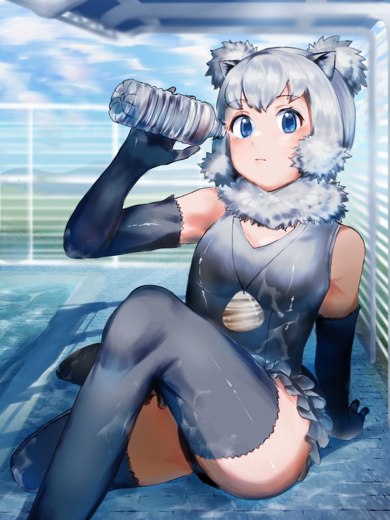 1girl, alaskan_sea_otter_(kemono_friends), animal_ears, bare_shoulders, blue_eyes, blush, bottle, elbow_gloves