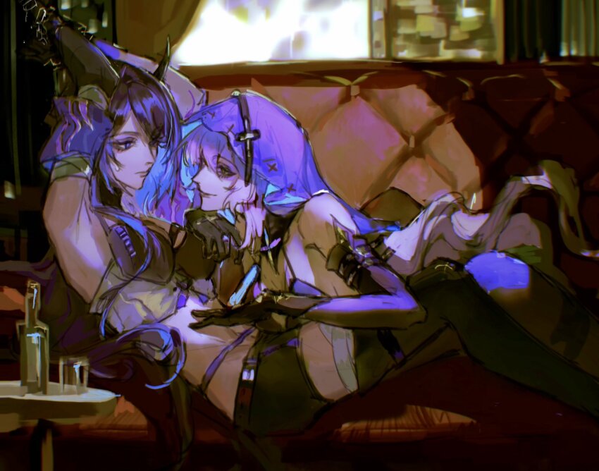 2girls, acheron_(honkai:_star_rail), arms_up, black_hair, black_swan_(honkai:_star_rail), bound, bound_wrists, chain, couch, elbow_gloves, face-to-face, gloves, hand_on_another's_stomach, highres, honkai:_star_rail, honkai_(series), leaning_on_person, lying, midriff, multiple_girls, on_back, on_couch, purple_hair, purple_veil, short_shorts, shorts, smile, sweatdrop, tanyaf2022, thighhighs, veil, yuri