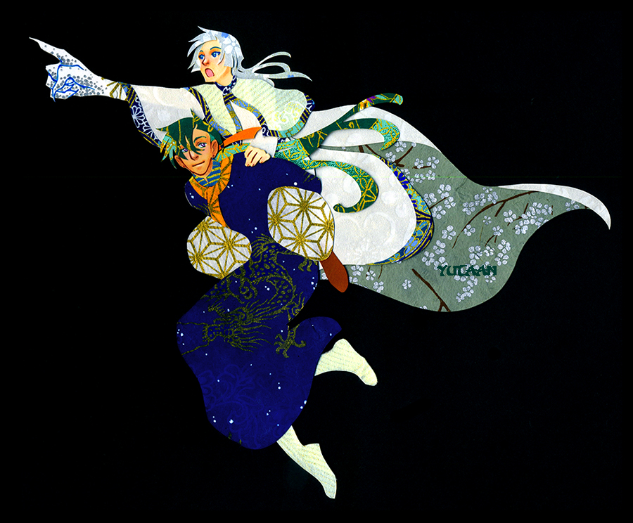 2boys, akatsuki_no_yona, artist_name, black_background, blue_eyes, blue_kimono, blue_sleeves, blunt_bangs