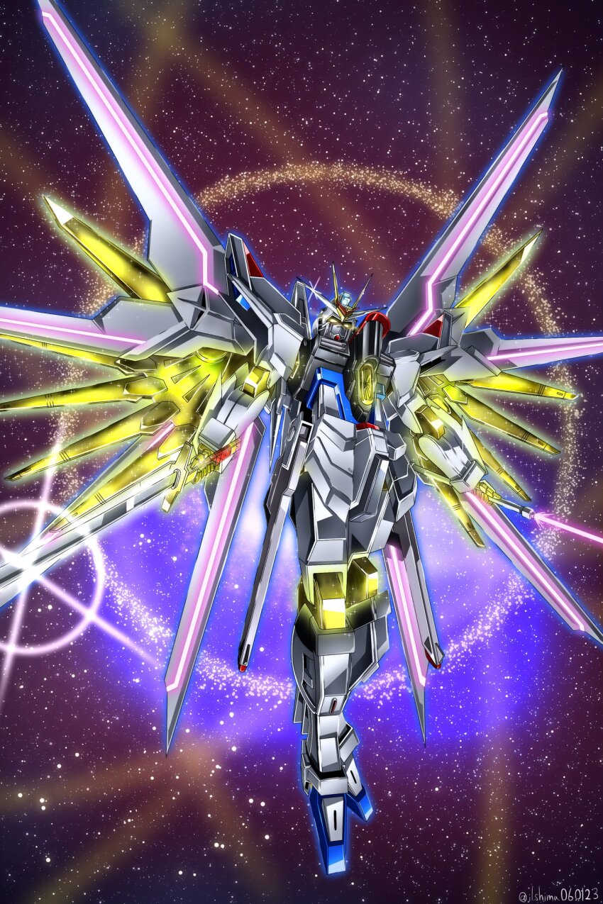 asymmetrical_dual_wielding, dual_wielding, energy_sword, glowing, glowing_eyes, gundam, gundam_seed, gundam_seed_freedom, highres, holding, holding_sword, holding_weapon, katana, light_particles, mecha, mecha_focus, mighty_strike_freedom_gundam, mobile_suit, no_humans, robot, science_fiction, shimashun, solo, sparkle, sword, v-fin, weapon, yellow_eyes