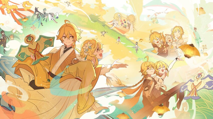 2134twone, aether_(genshin_impact), ahoge, alternate_costume, blonde_hair, braid, chinese_clothes, flower