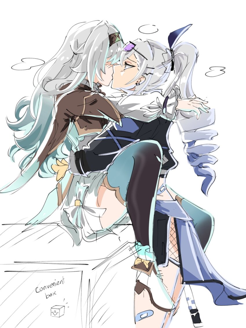 2girls, akashicelegy, arm_around_another's_back, between_legs, black_hairband, black_jacket, black_thighhighs, blue_bow