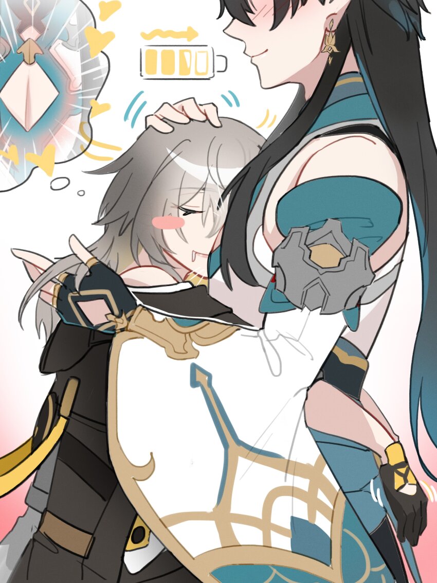 1boy, 1girl, 625light, absurdres, bare_shoulders, black_gloves, black_hair, black_jacket