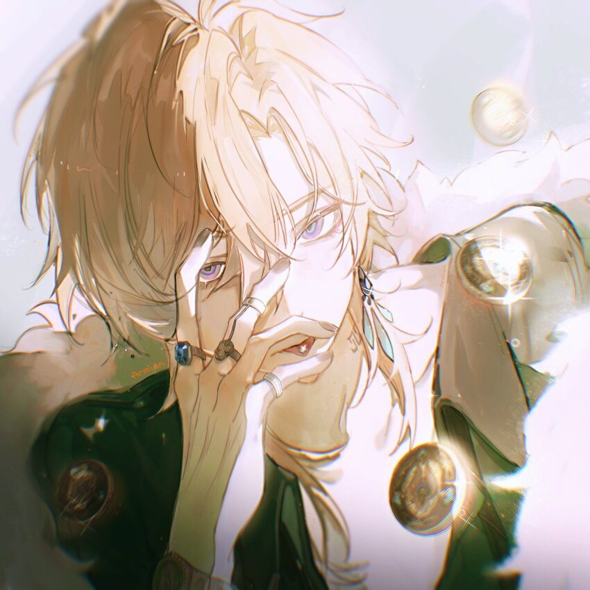 1boy, armian, aventurine_(honkai:_star_rail), blonde_hair, coin, ear_piercing, earrings, fur_trim