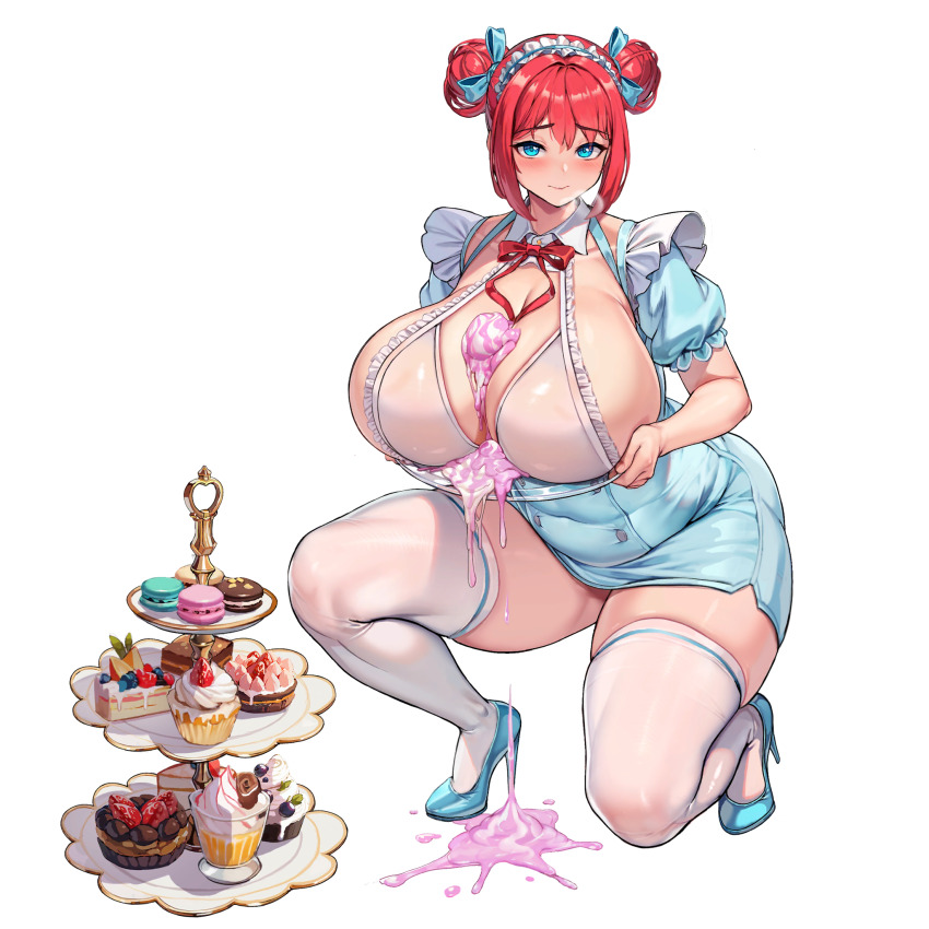 1girl, against_glass, between_breasts, bikini, blue_eyes, blue_footwear, blue_ribbon, blueberry, blush, breast_press, breasts, breasts_on_glass, breasts_on_tray, breath, buttons, cake, chocolate_cake, cleavage, closed_mouth, collarbone, covered_navel, cupcake, detached_collar, detached_sleeves, double-breasted, double_bun, dress, dripping, food, food_on_body, food_on_breasts, fotia_of_fireside, frilled_bikini, frilled_sleeves, frills, fruit, full_body, glass, glass_plate, groin_tendon, hair_bun, hair_ribbon, high_heels, highres, holding, holding_plate, huge_breasts, ice_cream, last_origin, light_blue_dress, lips, looking_at_viewer, macaron, maid, maid_bikini, maid_headdress, melting, neck_ribbon, official_alternate_costume, official_art, on_one_knee, plate, plump, puffy_short_sleeves, puffy_sleeves, red_hair, ribbon, short_dress, short_hair, short_sleeves, shy, simple_background, skindentation, solo, strawberry, string_bikini, sweets, swimsuit, tachi-e, taut_clothes, taut_dress, thighhighs, third-party_source, tiered_tray, transparent_background, unconventional_maid, valentine, wavy_mouth, white_bikini, white_thighhighs, wow_(cor369), zettai_ryouiki