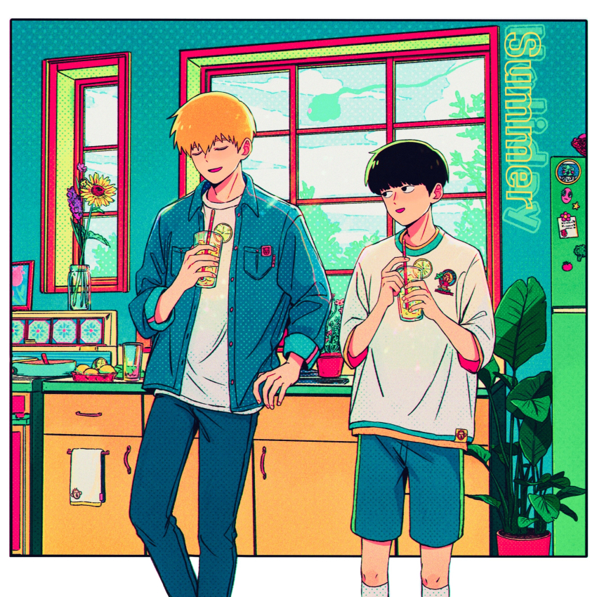 2boys, absurdres, black_hair, blonde_hair, blue_shorts, closed_eyes, cm_wm, commentary_request