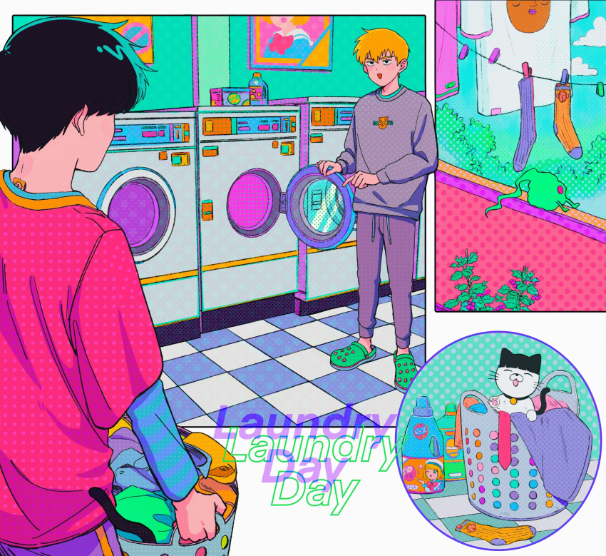 2boys, absurdres, animal, animalization, black_hair, blonde_hair, cat, clothesline, cm_wm, commentary_request, crocs, english_text, green_footwear, grey_pants, grey_shirt, highres, indoors, kageyama_shigeo, laundromat, laundry, laundry_basket, long_sleeves, looking_at_another, male_focus, mob_psycho_100, multiple_boys, open_mouth, pants, pink_shirt, reigen_arataka, shirt, short_hair, smile, socks, spirit, standing, unworn_socks, washing_machine