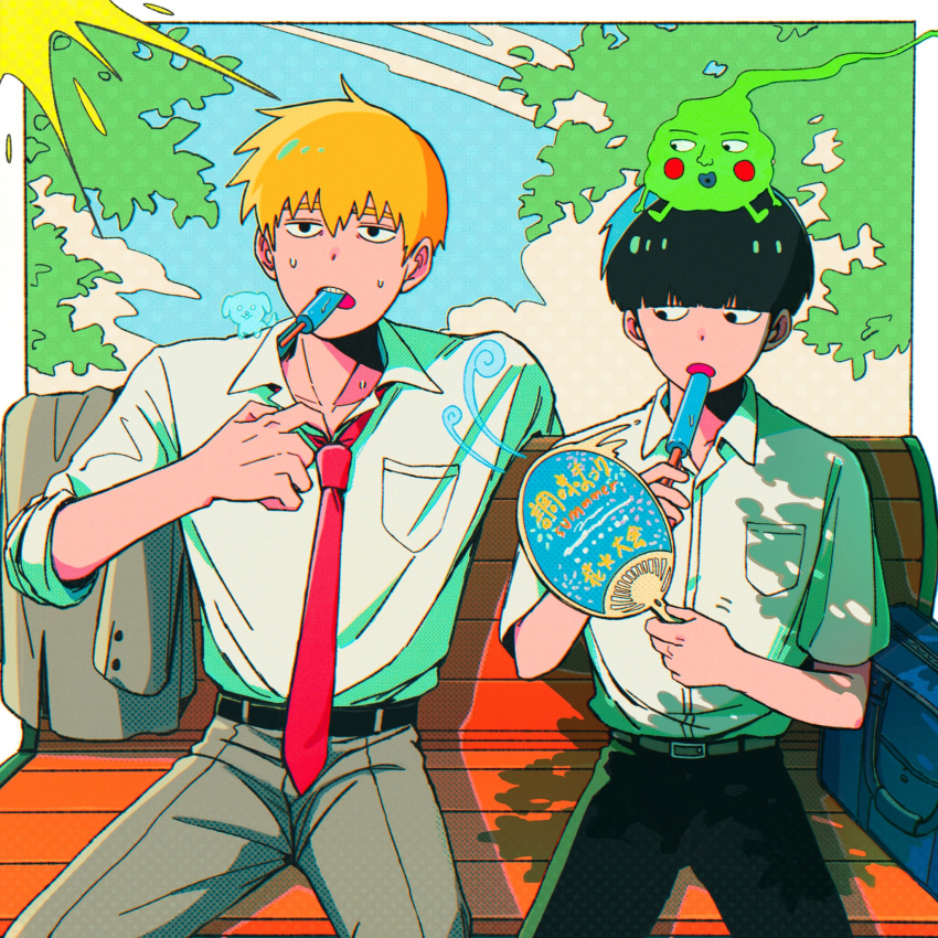 2boys, bag, bench, black_eyes, black_hair, black_pants, blonde_hair, cm_wm