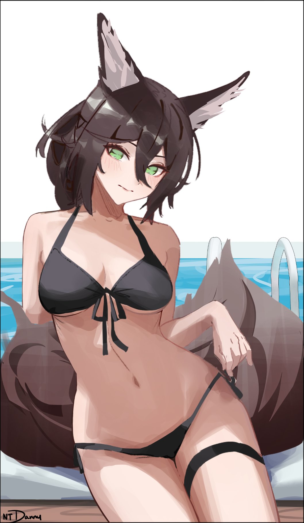 1girl, animal_ears, arm_behind_back, artist_name, bikini, black_bikini, blush, breasts