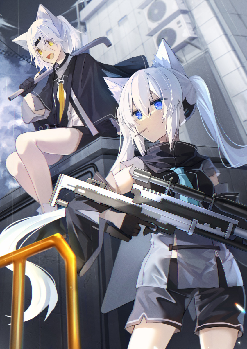 2girls, :d, absurdres, animal_ear_fluff, animal_ears, bare_legs, black_cape, black_gloves