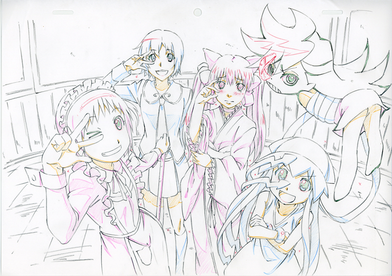 10s, 5girls, agemaki_wako, arashiyama_hotori, crossover, ikamusume, kiraboshi_(star_driver), monochrome