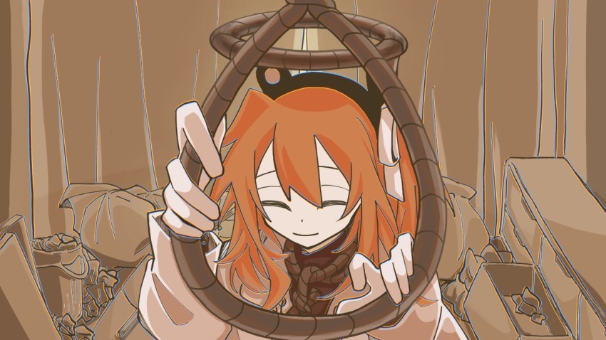1girl, a.i._voice, adachi_rei, brown_background, chest_of_drawers, closed_eyes, closed_mouth, commentary_request, crumpled_paper, curtains, facing_viewer, gloves, haikei_(vocaloid), hair_ribbon, halo, hands_up, headlamp, holding, holding_rope, indoors, jacket, long_sleeves, medium_hair, messy_room, monochrome_background, noose, one_side_up, open_clothes, open_jacket, orange_hair, ribbon, rope, rope_around_neck, rope_halo, shiroi_(shirooi_0002), smile, solo, trash_bag, trash_can, upper_body, utau, white_gloves, white_jacket, white_ribbon