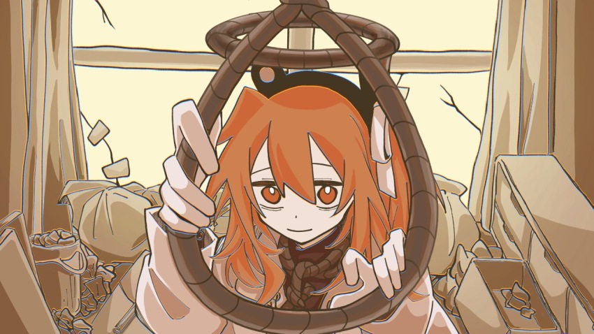 1girl, a.i._voice, adachi_rei, broken_window, brown_background, chest_of_drawers, closed_mouth, commentary_request, crumpled_paper, gloves, haikei_(vocaloid), hair_ribbon, halo, hands_up, headlamp, holding, holding_rope, indoors, jacket, long_sleeves, looking_at_viewer, medium_hair, messy_room, monochrome_background, noose, one_side_up, open_clothes, open_jacket, orange_eyes, orange_hair, ribbon, rope, rope_around_neck, rope_halo, shiroi_(shirooi_0002), smile, solo, tape, trash_bag, trash_can, upper_body, utau, white_gloves, white_jacket, white_ribbon
