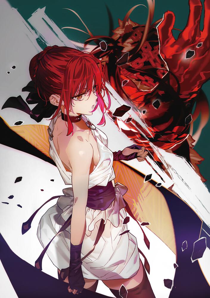 1boy, 1girl, alcides_(fate), bow, breasts, chain, fate/strange_fake, fate_(series), hair_bow, hair_bun, heracles_(fate), hippolyta_(fate), morii_shizuki, orange_eyes, red_hair, sash, small_breasts, veins