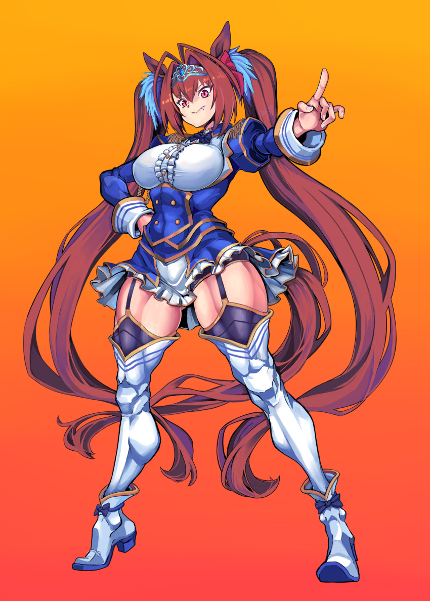 1girl, aiguillette, animal_ears, ankle_boots, antenna_hair, black_thighhighs, blue_bow, blue_bowtie