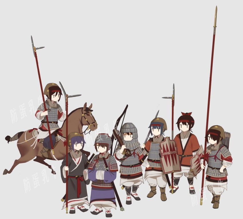 6+girls, animal, armor, bow_(weapon), bridle, brown_horse, cavalry, china