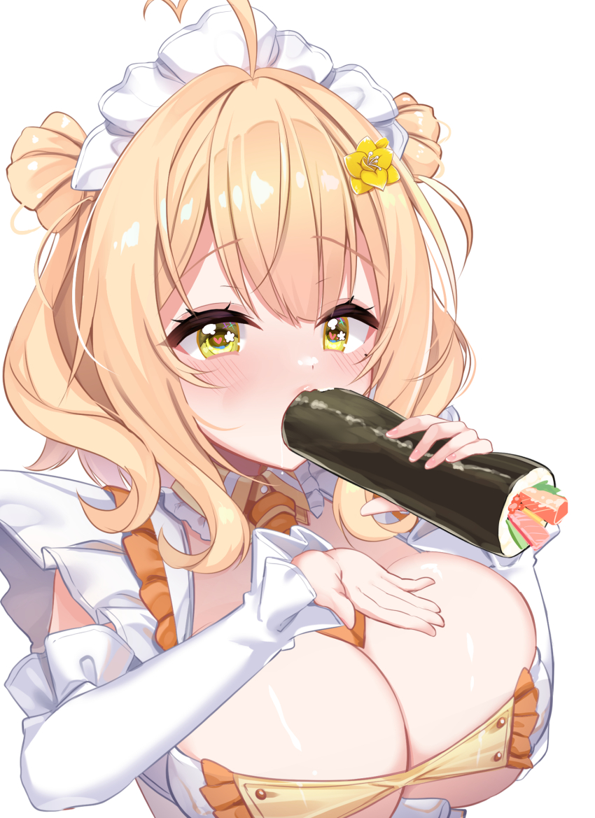 1girl, ahoge, anto_mel, apron, aria_(koiiroharemoyou), blush, breasts, cleavage