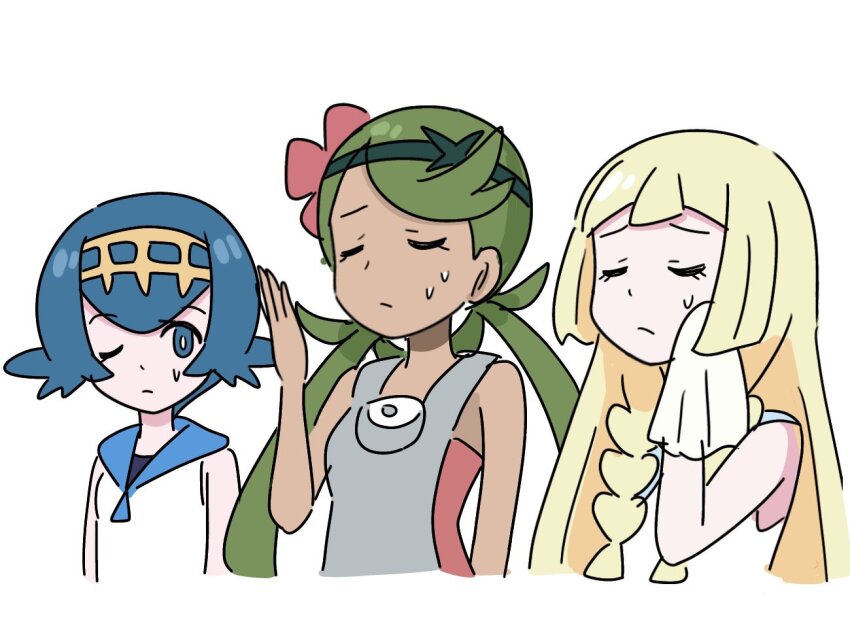 3girls, bare_shoulders, blonde_hair, blue_eyes, blue_hair, dark-skinned_female, dark_skin, green_hair