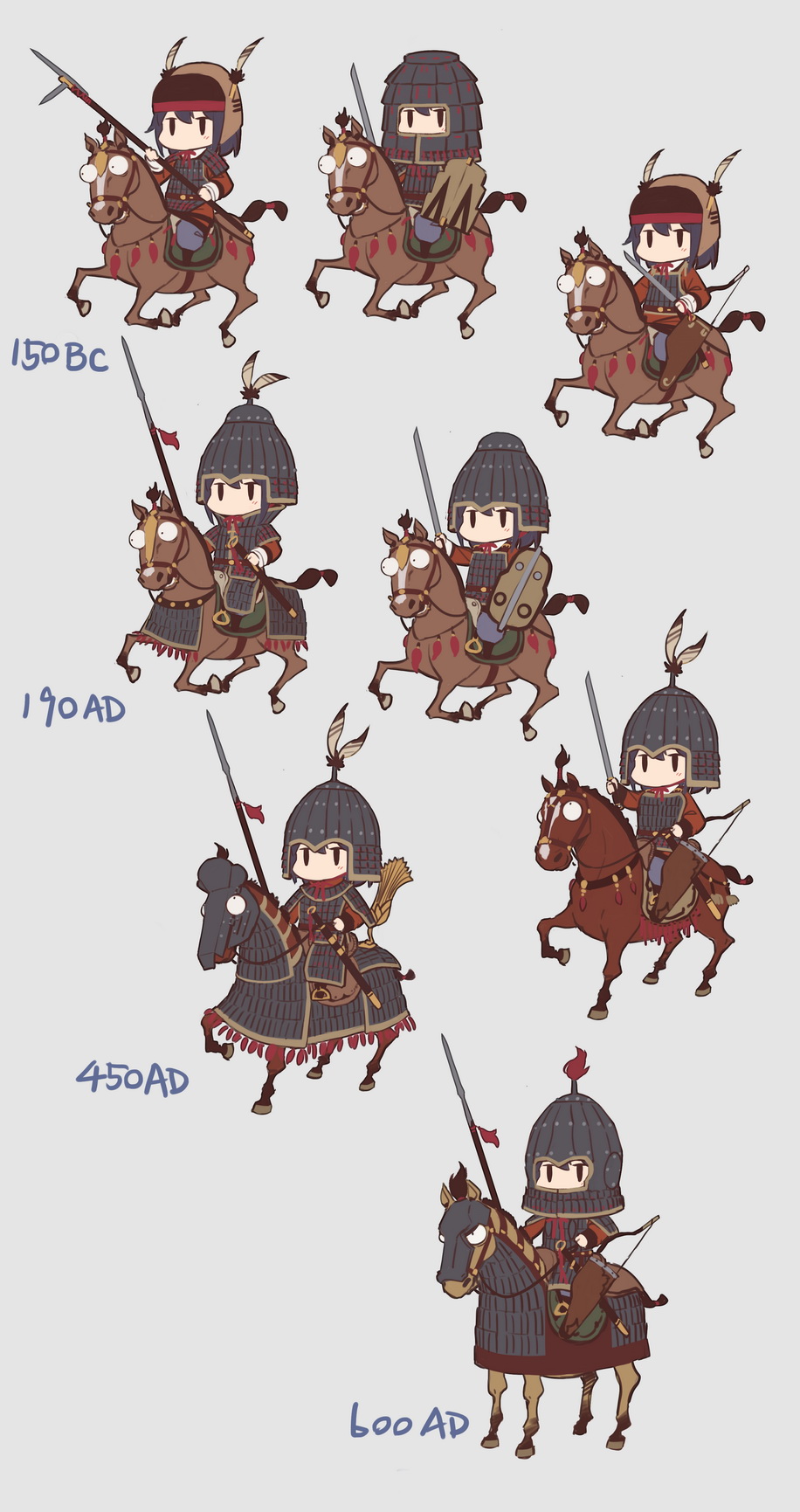 6+girls, armor, barding, bow_(weapon), brown_horse, cavalry, chibi, chinese_empire
