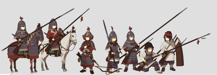 6+girls, armor, arrow_(projectile), barding, bow_(weapon), brown_horse, cavalry, chinese_empire, crossbow, dao_(weapon), fangdan_runiu, full_armor, grey_background, hat, headband, helmet, highres, holding, holding_polearm, holding_weapon, lamellar_armor, military, multiple_girls, original, plume, polearm, quiver, shield, simple_background, socks, stirrups_(riding), sword, tang_dynasty, weapon, white_horse, white_socks