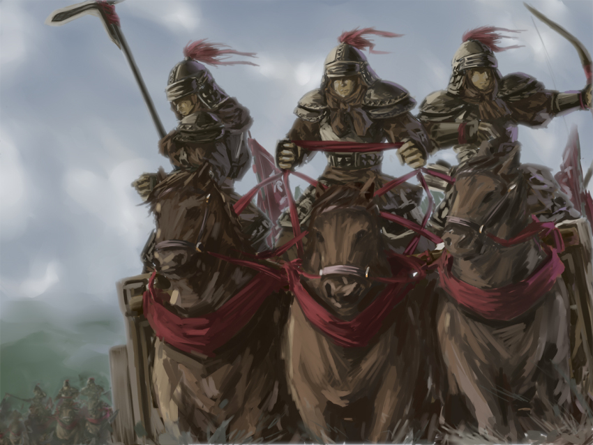 6+boys, armor, blue_sky, bow_(weapon), brown_horse, chariot, china, chinese_empire, dagger_axe, faceless, faceless_male, flag, full_armor, helmet, holding, holding_polearm, holding_reins, holding_weapon, horse, military, mud, multiple_boys, original, plume, polearm, reins, scar, sky, spring_and_autumn, tomw, war, weapon