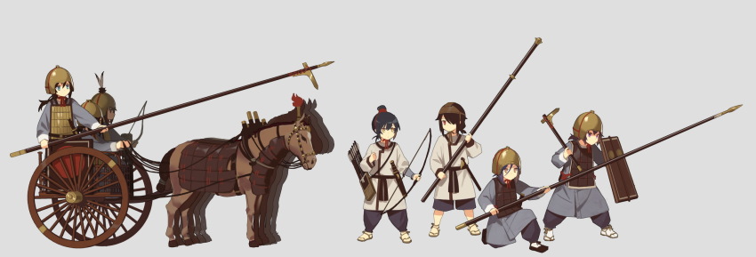6+girls, armor, bow_(weapon), breastplate, bronze, brown_horse, chariot, chinese_clothes