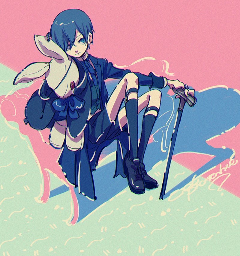 1boy, black_footwear, black_shorts, blue_background, blue_eyes, blue_jacket, blue_ribbon, chair