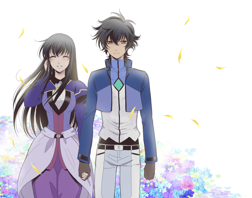 00s, 1boy, 1girl, bad_id, bad_pixiv_id, belt, black_hair, blush, closed_eyes, couple, dress, flower, gloves, gundam, gundam_00, hetero, holding_hands, jacket, long_hair, marina_ismail, pants, petals, princess, setsuna_f._seiei, shishi, short_hair, simple_background, smile, very_long_hair, yellow_eyes
