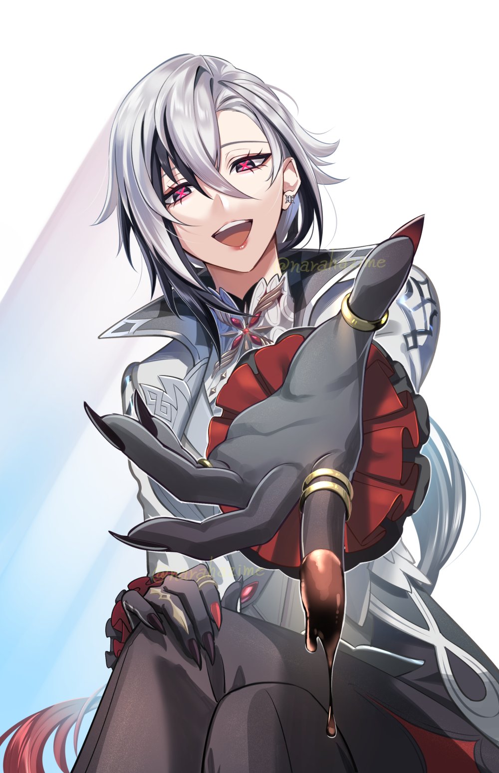 1girl, arlecchino_(genshin_impact), black_hair, black_pants, commentary_request, genshin_impact, grey_hair, grey_shirt