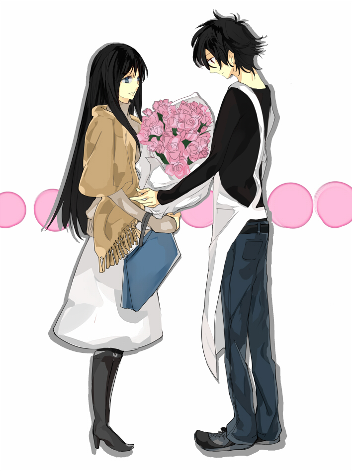 00s, 1boy, 1girl, apron, bag, belt, black_hair, blue_eyes, boots, bouquet, coat, couple, denim, dress, eye_contact, flower, fringe_trim, gundam, gundam_00, handbag, happy, hetero, high_heels, holding_hands, jeans, long_hair, long_skirt, looking_at_another, marina_ismail, pants, pantyhose, pink_flower, pink_rose, poncho, princess, red_eyes, rose, seki_(kaguudou), setsuna_f._seiei, shawl, shoes, short_hair, simple_background, skirt, smile, very_long_hair