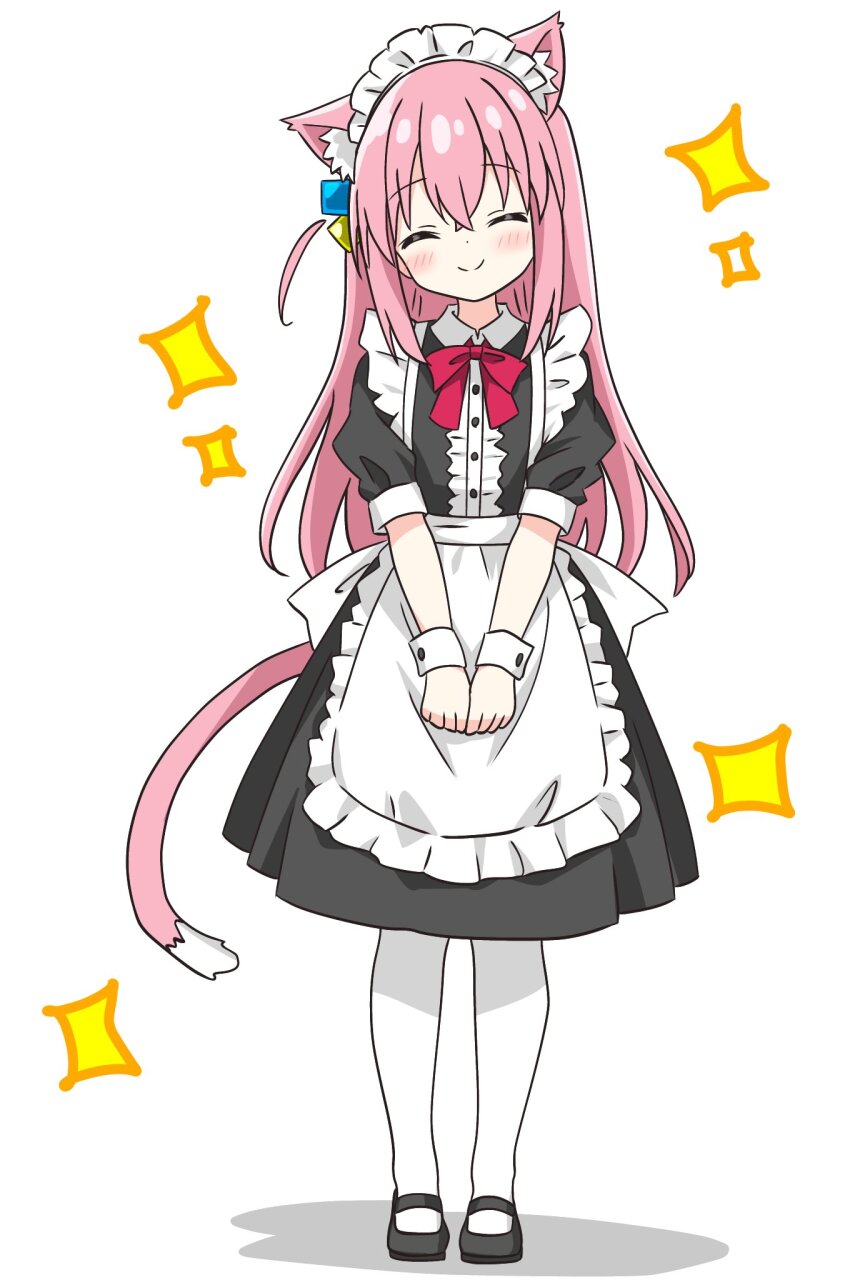 1girl, ^_^, alternate_costume, animal_ear_fluff, animal_ears, apron, black_dress, black_shoes, blush, bocchi_the_rock!, buttoned_cuffs, buttons, cat_ears, cat_girl, cat_tail, closed_eyes, closed_mouth, commentary_request, cube_hair_ornament, dress, enmaided, frilled_apron, frills, full_body, gotoh_hitori, hair_ornament, head_tilt, highres, kemonomimi_mode, kotatsu-mazoku, long_hair, maid, maid_apron, maid_headdress, mary_janes, neck_ribbon, own_hands_together, pantyhose, pink_hair, puffy_short_sleeves, puffy_sleeves, red_ribbon, ribbon, shoes, short_sleeves, simple_background, smile, solo, sparkle, standing, straight-on, tail, v_arms, waist_apron, white_apron, white_background, white_pantyhose, wrist_cuffs