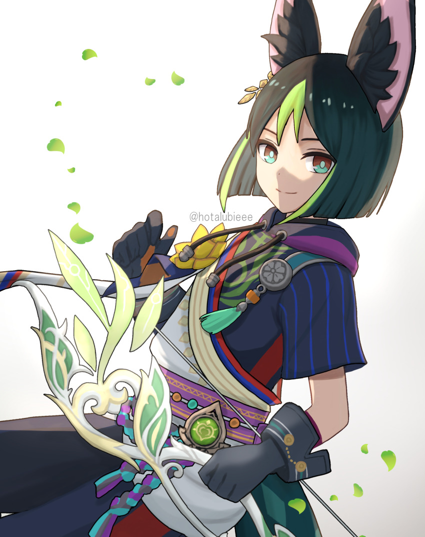 1boy, absurdres, animal_ears, black_hair, blue_eyes, blunt_ends, bow_(weapon), earrings