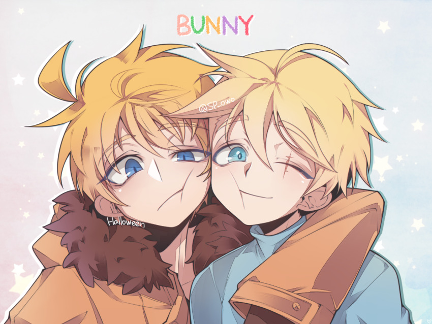 2boys, arm_around_shoulder, blonde_hair, blue_eyes, butters_stotch, cheek-to-cheek, fur-trimmed_hood, fur_trim