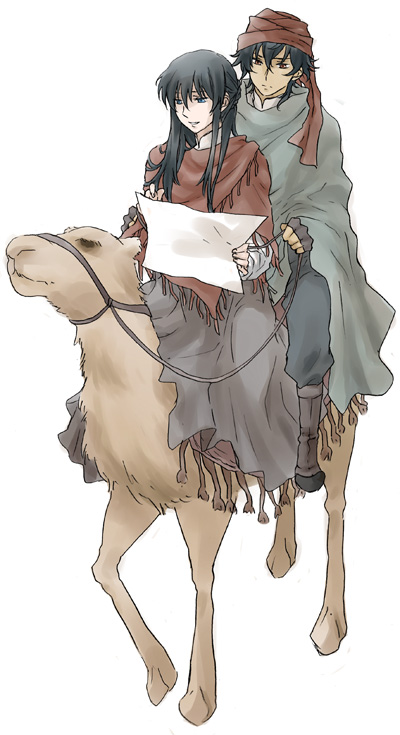 00s, 1boy, 1girl, black_hair, blue_eyes, brown_eyes, camel, fingerless_gloves, full_body, futaki_shou, gloves, gundam, gundam_00, headscarf, map, marina_ismail, red_headscarf, reins, setsuna_f._seiei, shawl, simple_background, turban