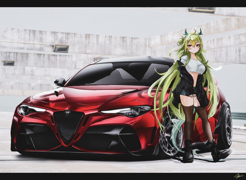 1girl, alfa_romeo, alfa_romeo_giulia, alfa_romeo_giulia_quadrifoglio, black_boots, black_jacket, blurry, blurry_background, blush, boots, breasts, brown_thighhighs, car, commission, cowlick, dragon_girl, dragon_horns, dragon_tail, hair_between_eyes, hair_bun, highres, horns, jacket, letterboxed, long_hair, looking_at_viewer, medium_breasts, motor_vehicle, nougat_(no_9ada), off_shoulder, original, red_eyes, shirt, signature, single_side_bun, solo, spoiler_(automobile), tail, thighhighs, vehicle_focus, very_long_hair, white_shirt