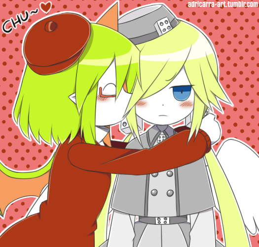 2girls, adricarra, angel, angel_wings, beret, blue_eyes, blush, buttons