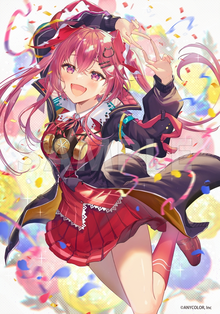 1girl, :d, amagase_muyu, amagase_muyu_(1st_costume), black_jacket, black_necktie, blue_flower, cat_hair_ornament