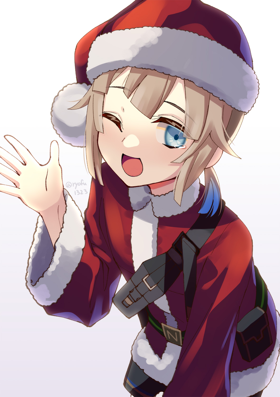 1boy, belt, blue_eyes, blunt_bangs, captain_nemo_(santa)_(fate), character_request, check_character, collared_shirt