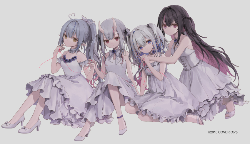 4girls, 888myrrh888, ahoge, amane_kanata, azki_(hololive), bare_arms, bare_shoulders, black_hair, blue_eyes, blue_hair, braid, brown_eyes, commentary_request, dokuzu_(vocaloid), dress, frilled_dress, frills, grey_background, grey_hair, hair_between_eyes, hair_ribbon, heart, heart_ahoge, high_heels, highres, hololive, knees_up, multicolored_hair, multiple_girls, nakiri_ayame, official_art, pink_hair, pointy_ears, purple_eyes, red_eyes, ribbon, shoes, simple_background, sitting, sleeveless, sleeveless_dress, streaked_hair, twintails, two-tone_hair, two_side_up, virtual_youtuber, white_dress, white_footwear, white_ribbon, yukihana_lamy