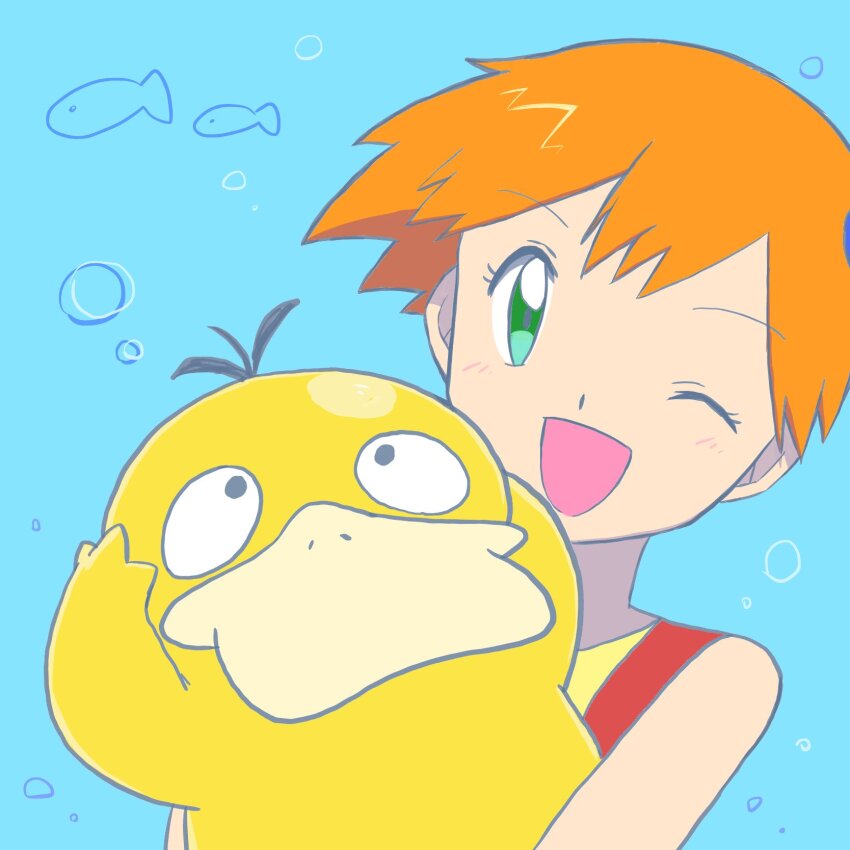 1girl, 404sllas, asymmetrical_hair, blue_shorts, blush, breasts, denim, gen_1_pokemon, green_eyes, hair_tie, highres, holding, holding_pokemon, misty_(pokemon), nintendo, one_eye_closed, orange_hair, pokemon, pokemon_(anime), pokemon_(classic_anime), pokemon_(creature), ponytail, psyduck, shorts, side_ponytail, sleeveless, smile, sun, suspender_shorts, suspenders, wink