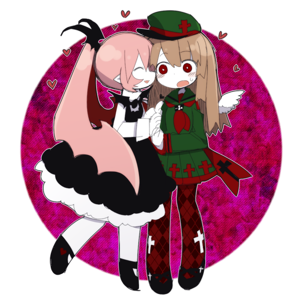 2girls, beret, black_dress, black_footwear, brown_hair, colored_skin, dress, funamusea