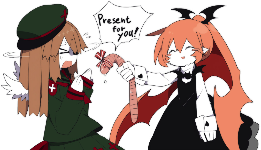 >_<, 2girls, ^_^, angel, angel_wings, animal, beret, black_dress, blush_stickers, brown_hair, closed_eyes, colored_skin, demon_girl, dress, english_text, funamusea, funamusea_(style), green_headwear, green_sailor_collar, green_shirt, green_skirt, haiiro_teien, hair_between_eyes, hat, head_wings, holding, holding_animal, kisaragi_kaya, long_hair, macarona_(funamusea), multiple_girls, open_mouth, parody, pink_hair, pleated_skirt, pointy_ears, rawberry_preserves, sailor_collar, screaming, shirt, sidelocks, simple_background, skirt, smile, style_parody, sweat, white_background, white_skin, white_sleeves, wings, worm