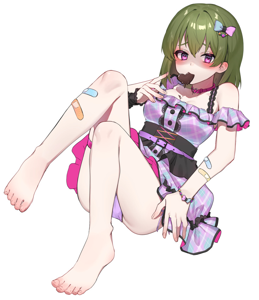 1girl, absurdres, animal_collar, ass, bandaid, bandaid_on_arm, bandaid_on_leg, barefoot
