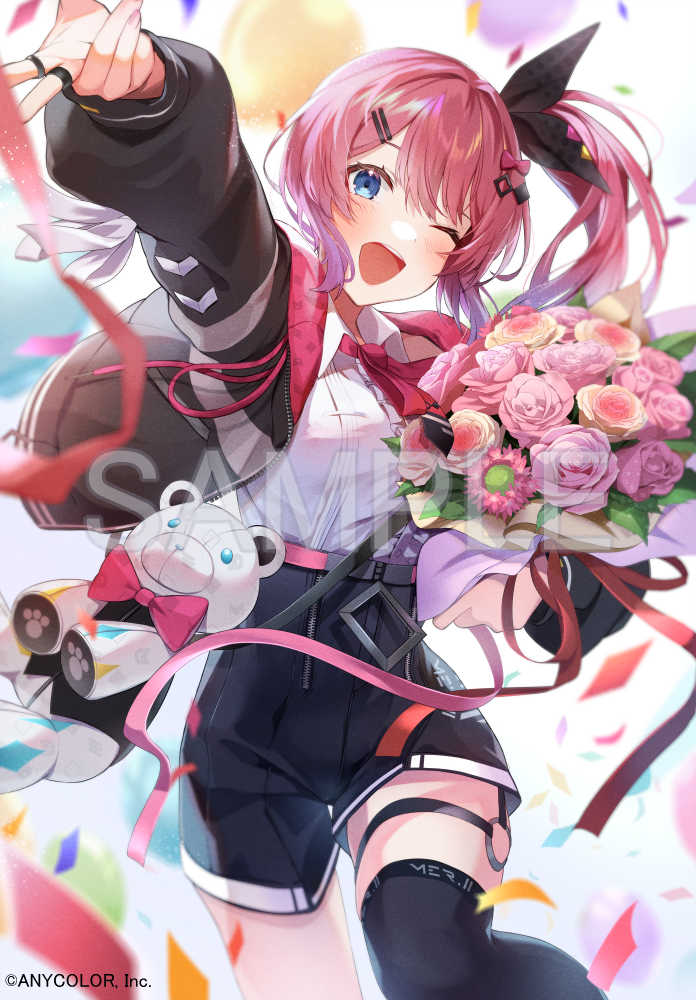 1girl, ;d, alicecoco, asymmetrical_legwear, balloon, black_jacket, black_shorts, black_thighhighs, blouse, blue_eyes, blush, bouquet, bow, breasts, collared_shirt, confetti, copyright_name, cropped_jacket, dot_nose, flower, gradient_hair, holding, holding_bouquet, jacket, kuramochi_meruto, kuramochi_meruto_(1st_costume), lune_(kuramochi_meruto), medium_breasts, medium_hair, multicolored_hair, nijisanji, o-ring, o-ring_thigh_strap, official_art, one_eye_closed, open_clothes, open_jacket, open_mouth, outstretched_arm, pink_bow, pink_flower, pink_hair, purple_hair, rose, sample_watermark, shirt, shorts, single_thighhigh, sleeveless, sleeveless_shirt, smile, solo, streamers, stuffed_animal, stuffed_toy, teddy_bear, teeth, thigh_strap, thighhighs, tongue, virtual_youtuber, watermark, white_shirt